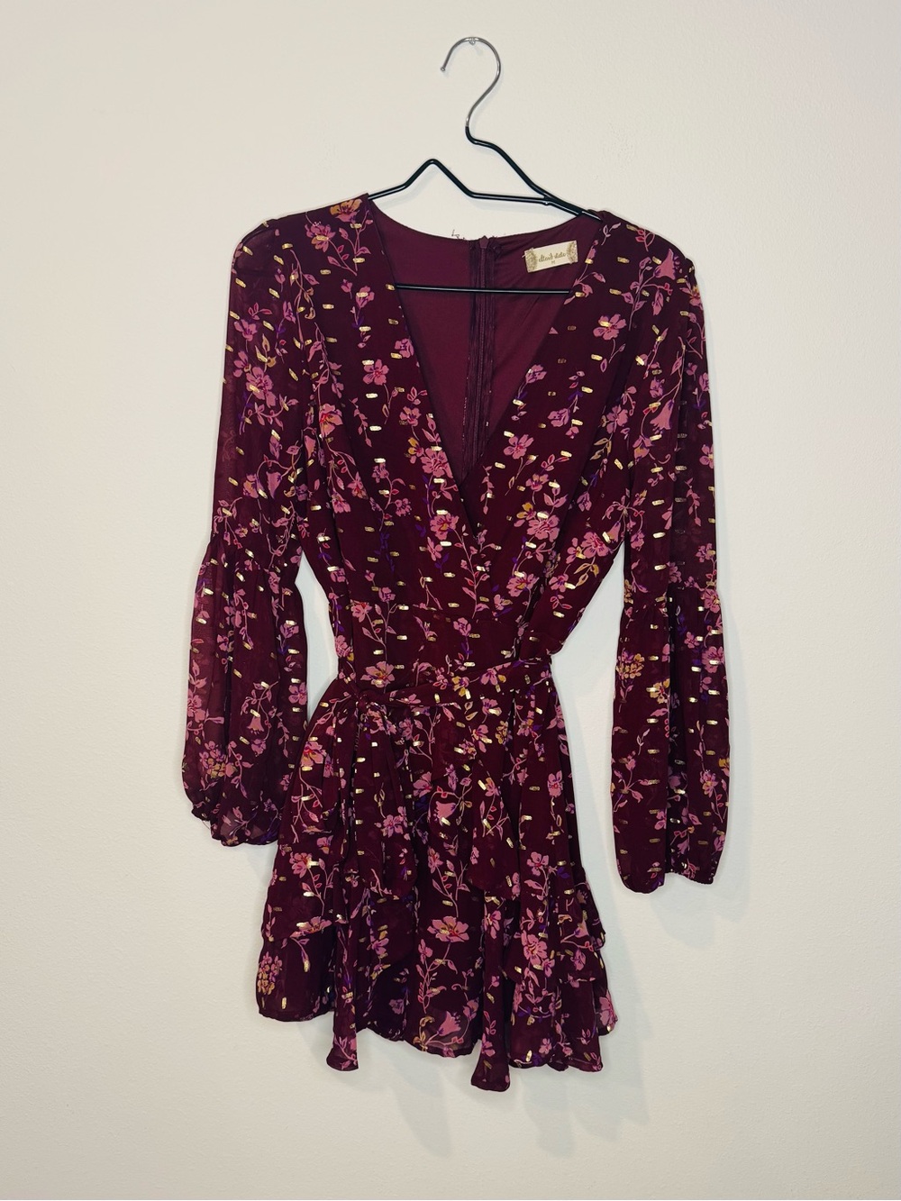 Altar’d State Floral Romper Dress Burgundy Pink Long Sleeve Tie Waist Size M